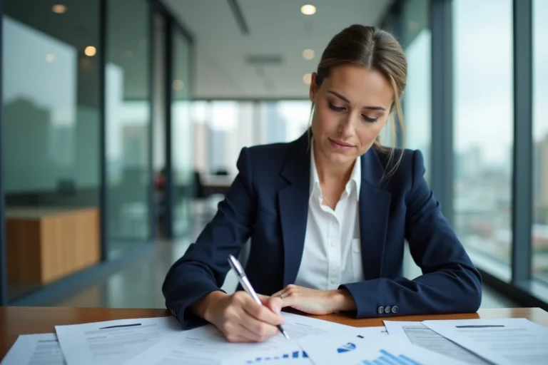 Femme professionnelle examinant des documents de prêt immobilier dans un bureau moderne pour rallonger la durée de son crédit