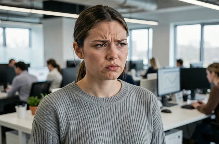 Jeune femme en milieu professionnel montrant une réaction émotionnelle rapide, représentant le comportement soupe au lait