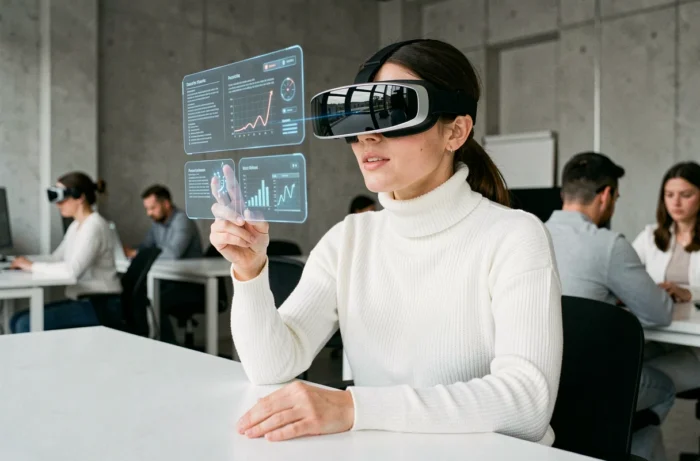 Femme utilisant un casque de réalité augmentée dans un studio technologique moderne, illustrant les dernières innovations numériques
