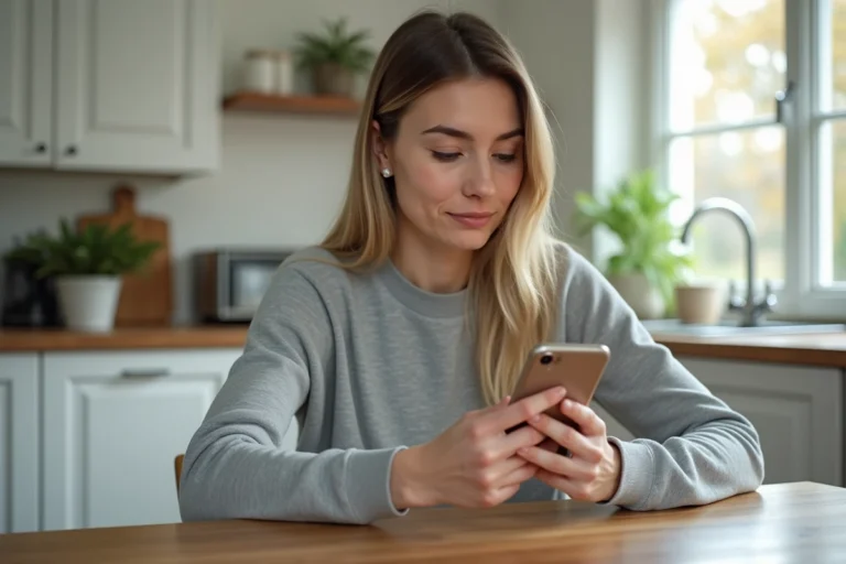 Femme rechargeant son forfait Réglo Mobile en ligne depuis son smartphone à la maison