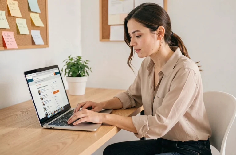 Femme cherchant un emploi en ligne sur son ordinateur portable dans un bureau à domicile moderne