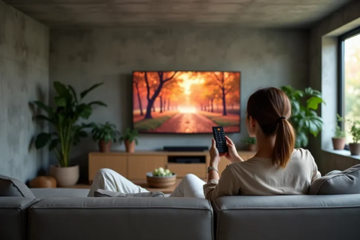 Une femme regarde un téléviseur haute définition dans un salon moderne et confortable