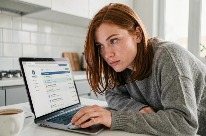 Femme vérifiant la sécurité d'un site de téléchargement de logiciels sur son ordinateur portable