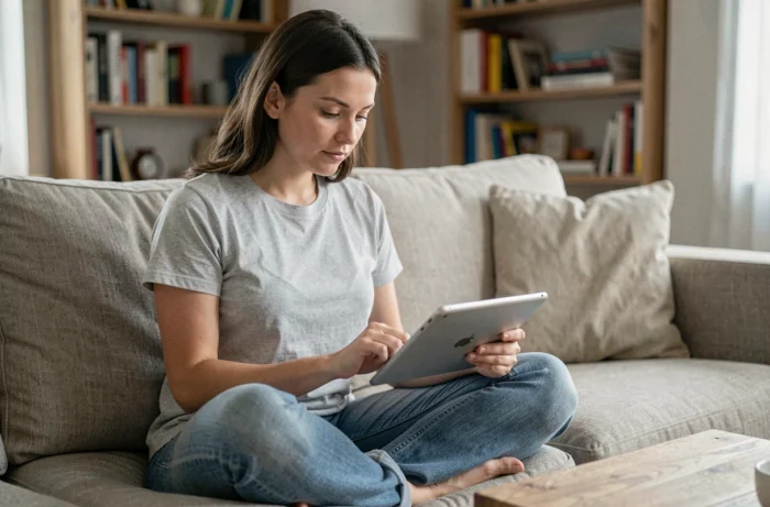 Femme consultant un guide en ligne sur sa tablette pour trouver un site de téléchargement fiable