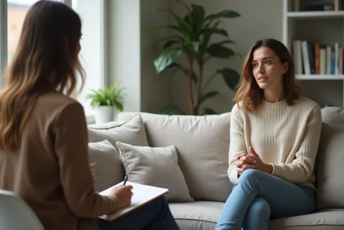 Femme en séance de thérapie abordant ses problèmes relationnels liés aux figures paternelles et aux daddy issues