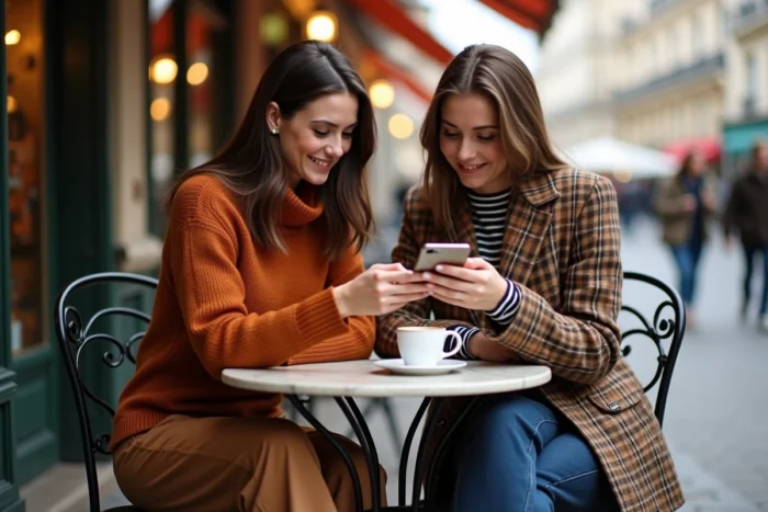 Deux femmes stylées consultant des tendances mode sur smartphone en terrasse de café parisien en tenues automnales colorées