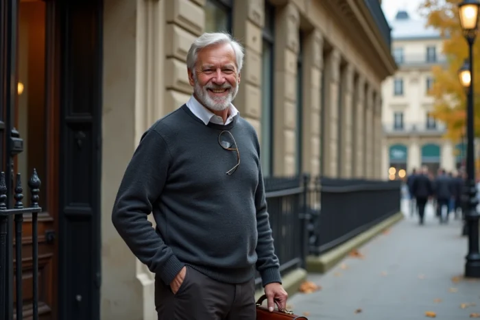 Personnalité publique française devant un immeuble haussmannien parisien en automne, illustrant vie publique et vie privée