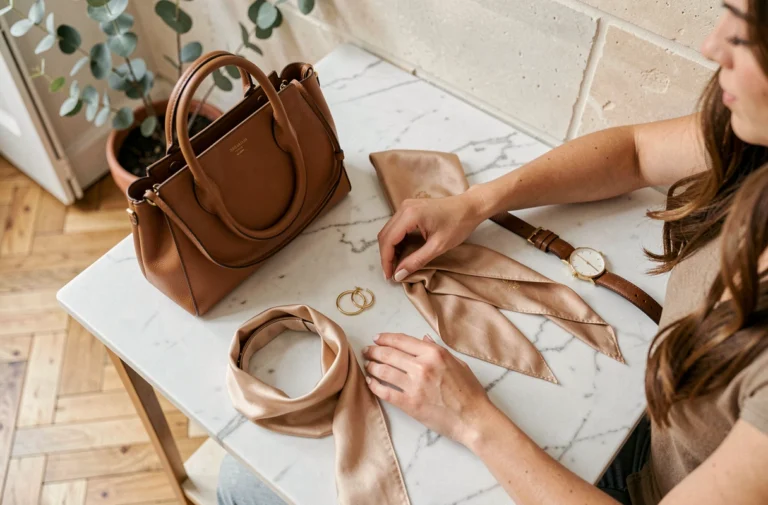 Flat lay d'accessoires tendance incluant sac en cuir, foulard en soie et montre minimaliste sur marbre blanc