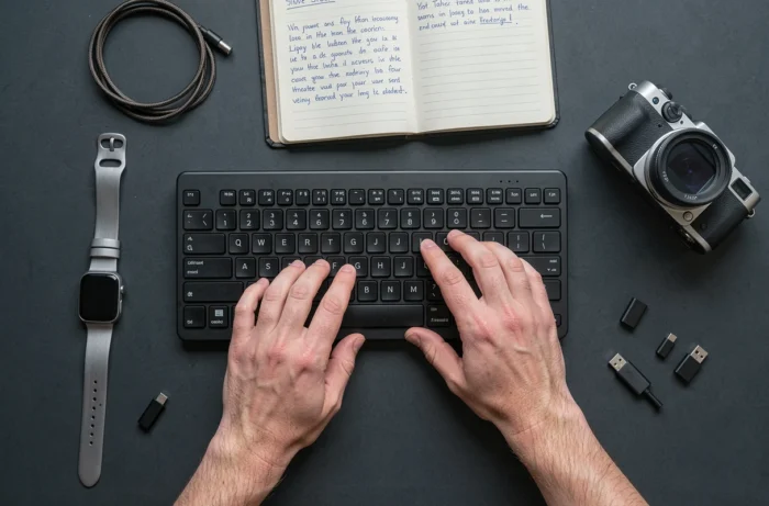 Flat-lay tendance de gadgets geek et technologiques modernes sur un bureau sombre avec clavier mécanique et montre connectée