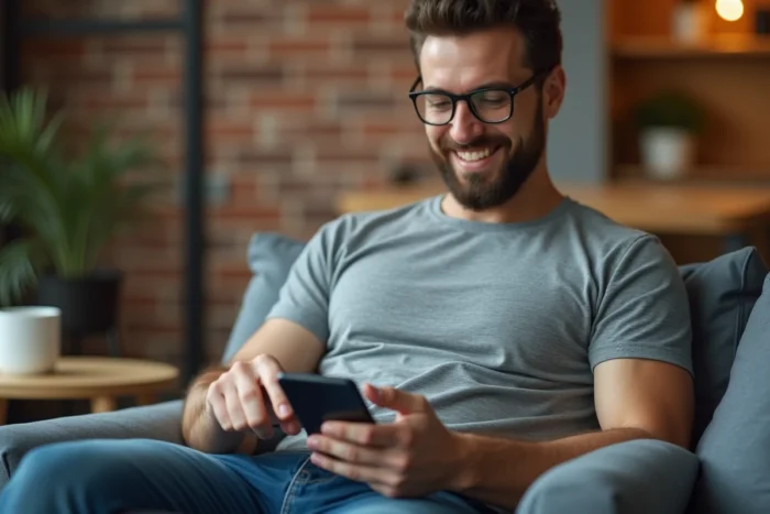 Un homme forçant la mise à jour de l'application mobile myOCTIME depuis le store sur son smartphone