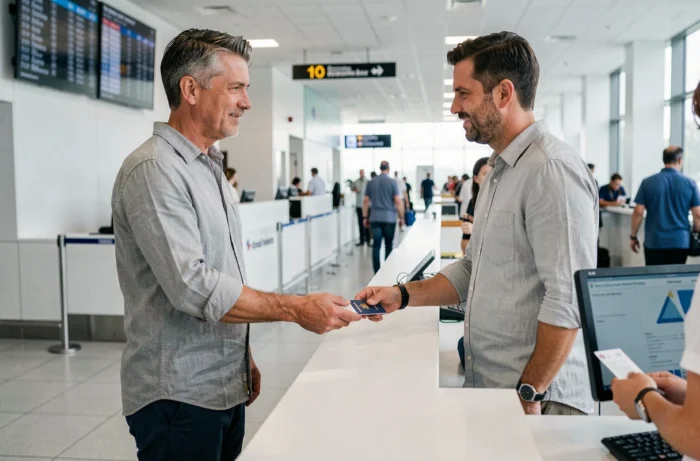 Homme présentant son passeport et ses documents administratifs au comptoir d'enregistrement d'un aéroport international