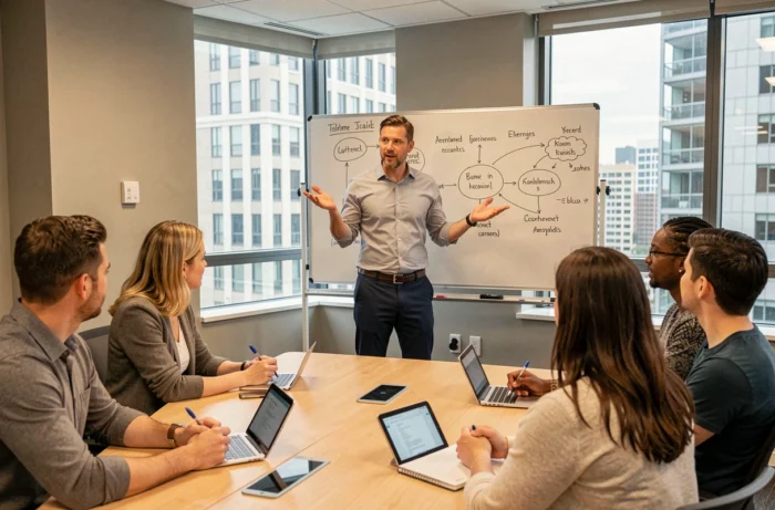 Formateur professionnel présentant une session de formation à un groupe d'adultes en salle de conférence