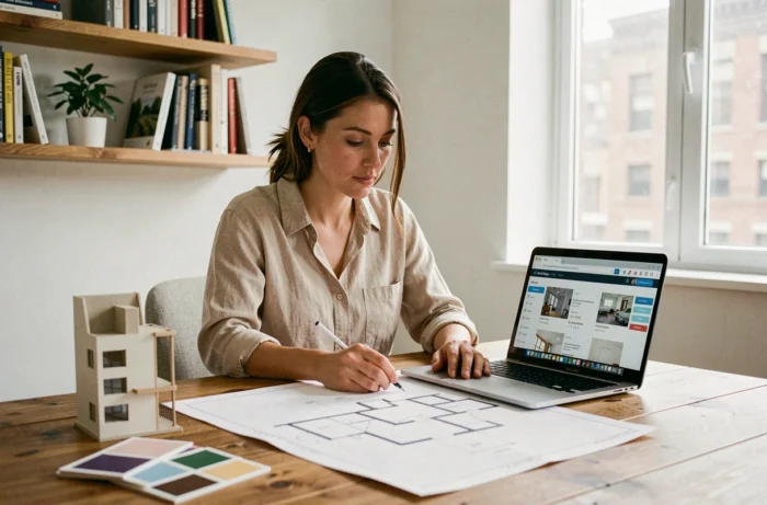 Femme étudiant l'architecture d'intérieur à distance depuis son bureau à domicile avec plans et ordinateur