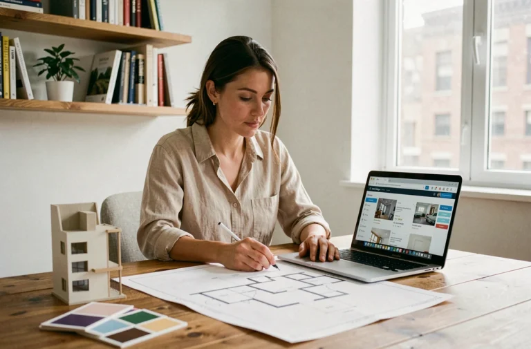 Femme étudiant l'architecture d'intérieur à distance depuis son bureau à domicile avec plans et ordinateur