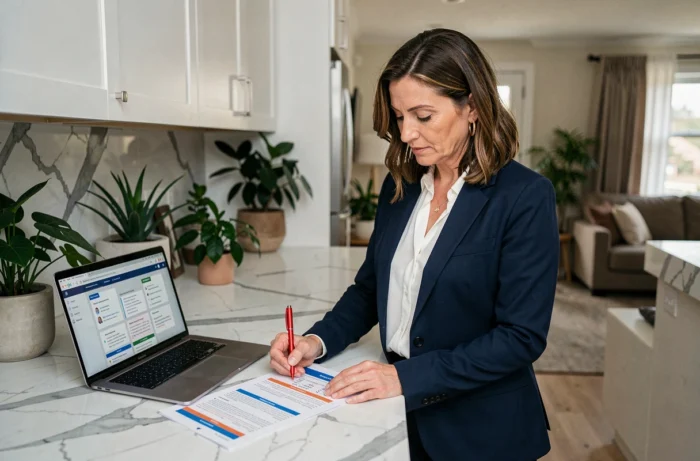 Femme adulte révisant des modules de cours d'architecture d'intérieur à distance dans une cuisine moderne