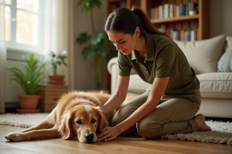 Femme pet sitter professionnelle en formation pratique avec un golden retriever dans un intérieur chaleureux