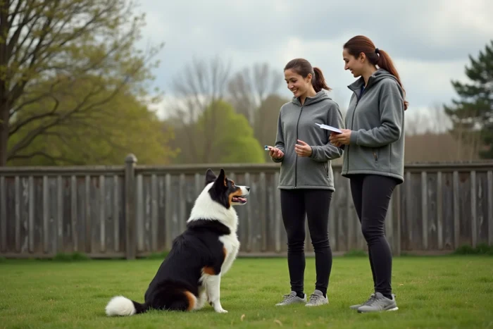 Formatrice et stagiaire pet sitter en séance de formation pratique avec un border collie dans un enclos extérieur