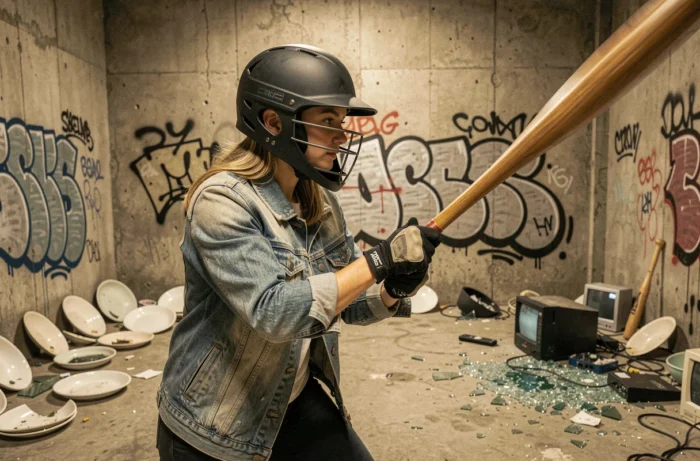 Jeune femme en équipement de protection dans une fury room à Lyon, frappant des objets avec une batte de baseball pour évacuer le stress