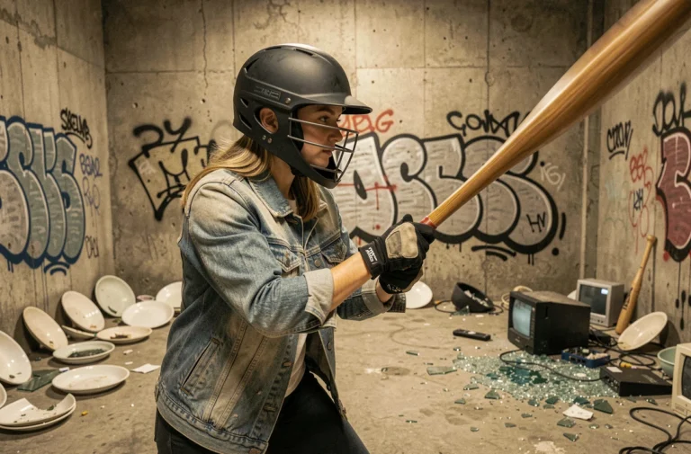 Jeune femme en équipement de protection dans une fury room à Lyon, frappant des objets avec une batte de baseball pour évacuer le stress