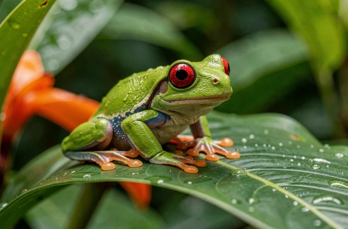 Grenouille aux yeux rouges perchée sur une feuille tropicale humide dans une forêt tropicale, photo macro animalière haute définition