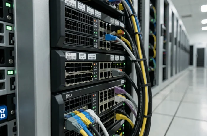 Gros plan sur les panneaux avant de serveurs empilés en cluster dans un datacenter professionnel avec câbles fibre optique et LED de statut