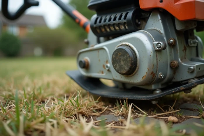 Gros plan sur la tête de coupe d'une débroussailleuse thermique professionnelle posée dans l'herbe sèche