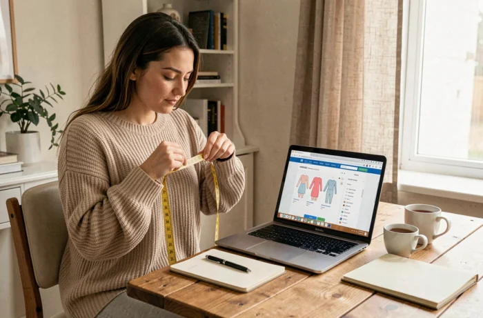 Woman measuring her size at home in front of an online size guide to order from Grain de Malice