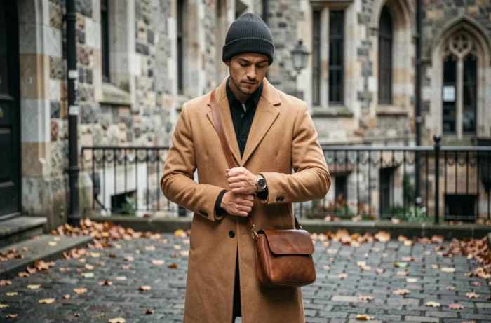 Homme élégant portant des accessoires tendance dans une rue pavée européenne en automne