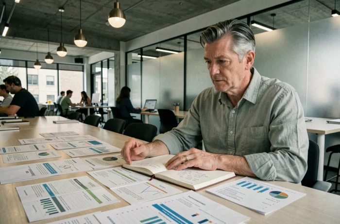 Homme d'affaires analysant des rapports de revenus publicitaires dans un espace de coworking moderne