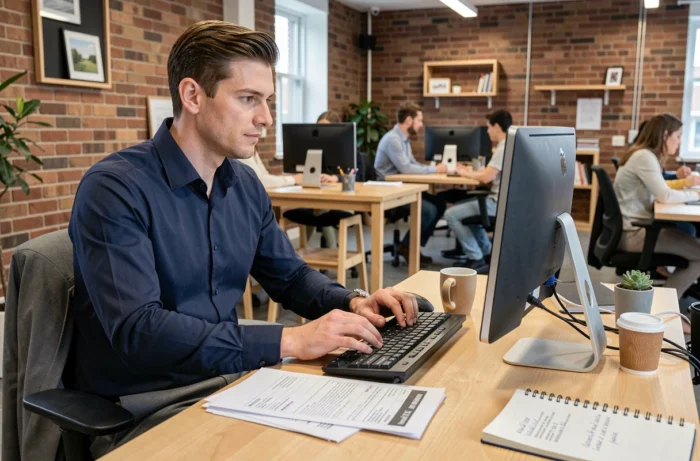 Jeune homme consultant des annonces d'emploi dans un espace de coworking avec des documents imprimés