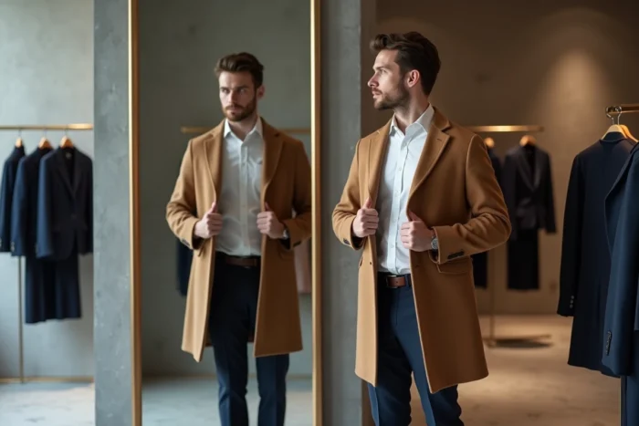 Homme élégant essayant un manteau camel devant un miroir dans une boutique de mode contemporaine au design minimaliste