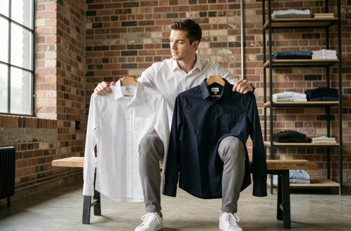Homme comparant deux chemises slim-fit The Kooples pour choisir la bonne taille dans un appartement moderne