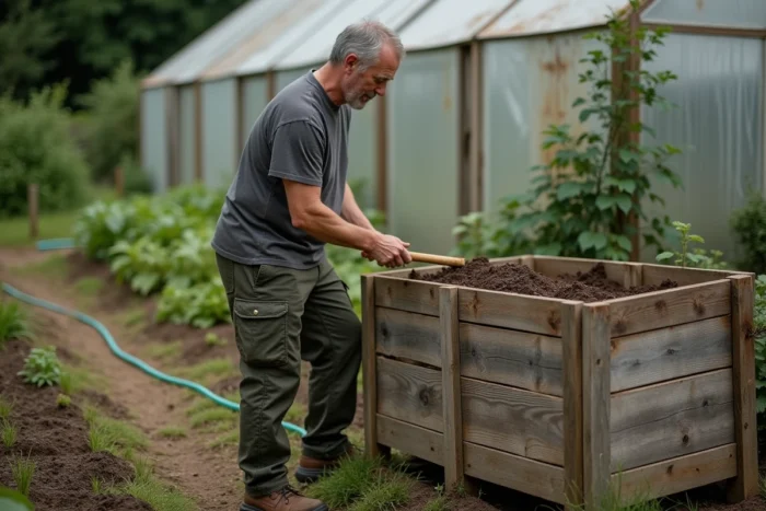 Homme retournant un compost dans un jardin potager communautaire avec des légumes en arrière-plan