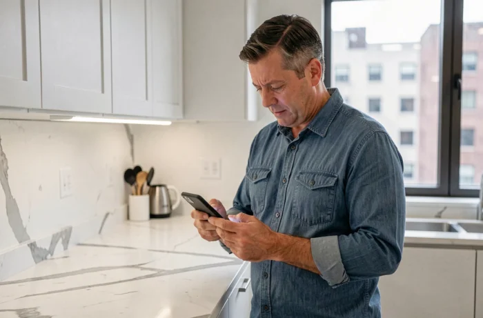 Homme debout dans une cuisine moderne recherchant l'adresse d'un site de téléchargement sur son smartphone