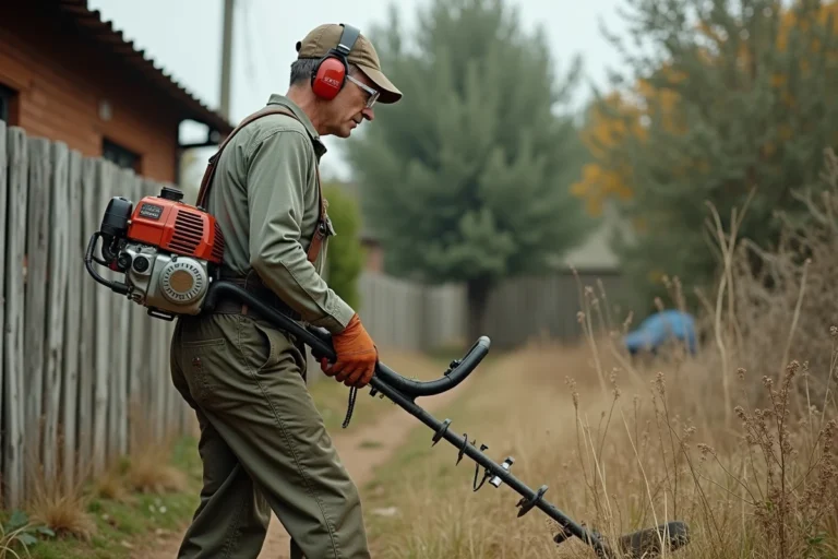 Homme utilisant une débroussailleuse thermique pour entretenir les bords d'un jardin envahi par les mauvaises herbes