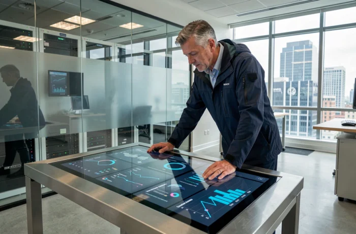Homme d'affaires analysant des données sur un écran tactile interactif dans un laboratoire d'innovation high tech