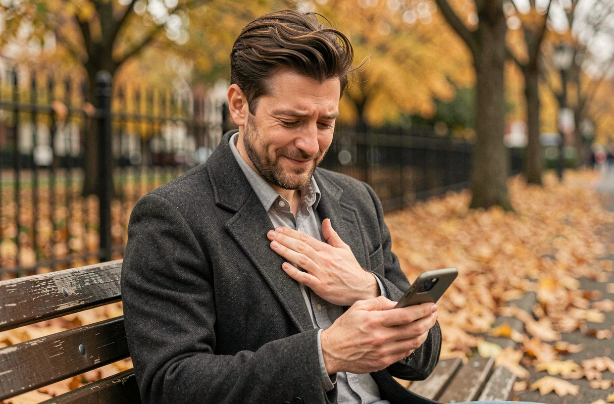 Homme ému lisant un message d'amour sincère sur son téléphone assis sur un banc dans un parc en automne