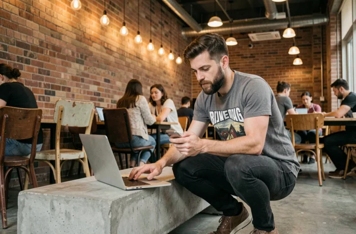 Homme geek barbu multitâche avec laptop et smartphone dans un espace de coworking industriel tendance