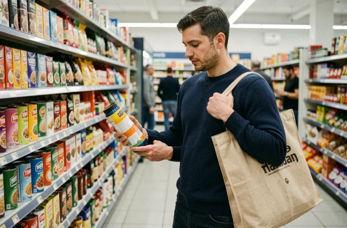 Homme indépendant faisant ses courses seul et lisant les étiquettes des produits en supermarché