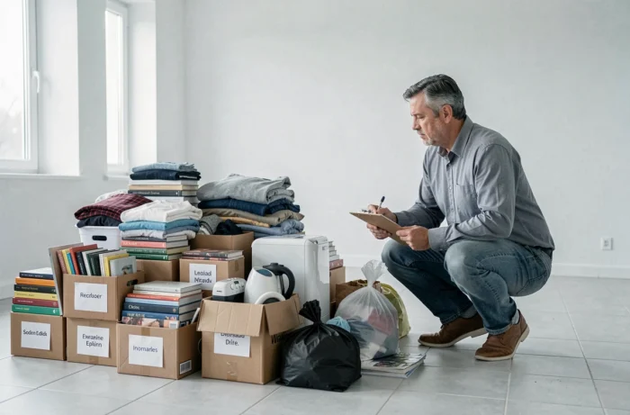 Homme faisant l'inventaire d'objets triés dans une pièce vide lors du vidage d'un logement