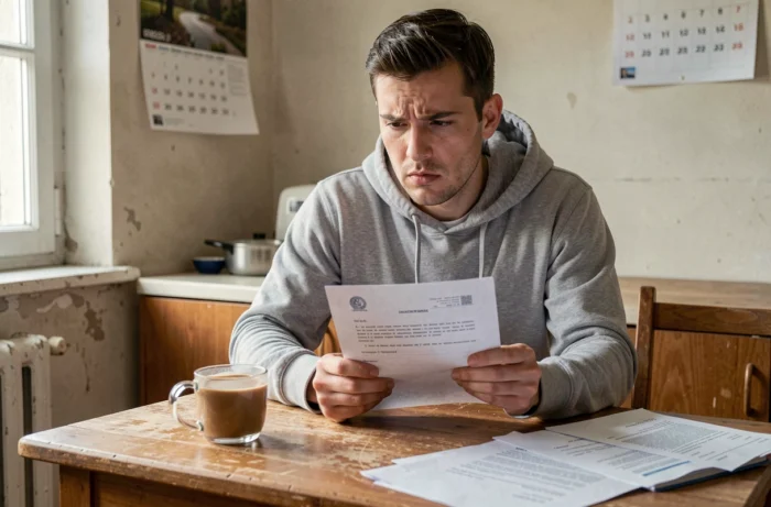 Homme lisant une lettre de sanction administrative de France Travail à son domicile avec inquiétude