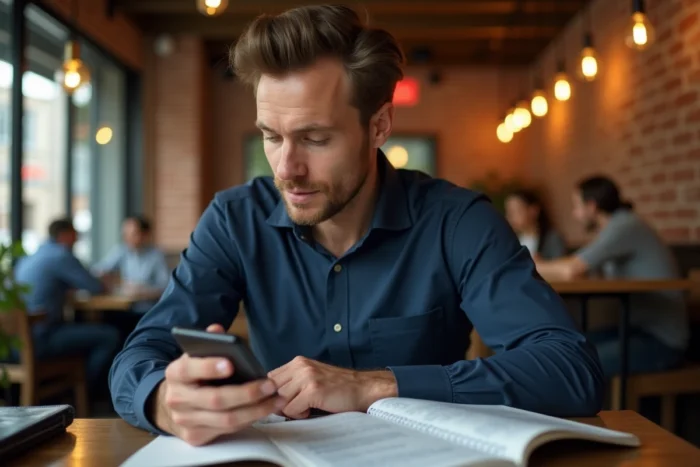 Homme consultant une application de budget et ses notes financières dans un café pour planifier comment obtenir 7000 euros sans stress