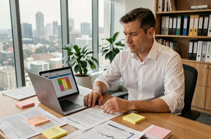 Homme professionnel analysant des rapports et une matrice de décision pour distinguer enjeux et défis au bureau