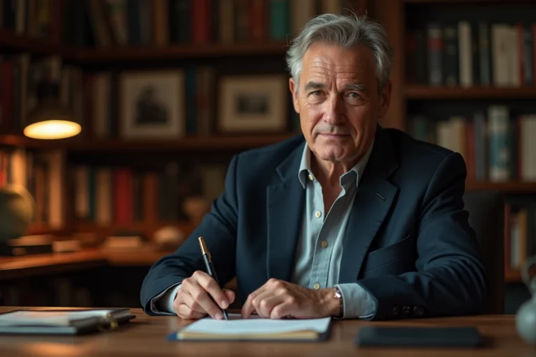 Portrait d'un homme public distingué dans son bureau privé entouré de livres et de photos de famille