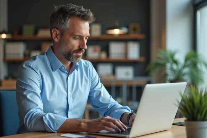 Homme effectuant une recharge de forfait mobile en ligne avec carte bancaire sur ordinateur portable au bureau