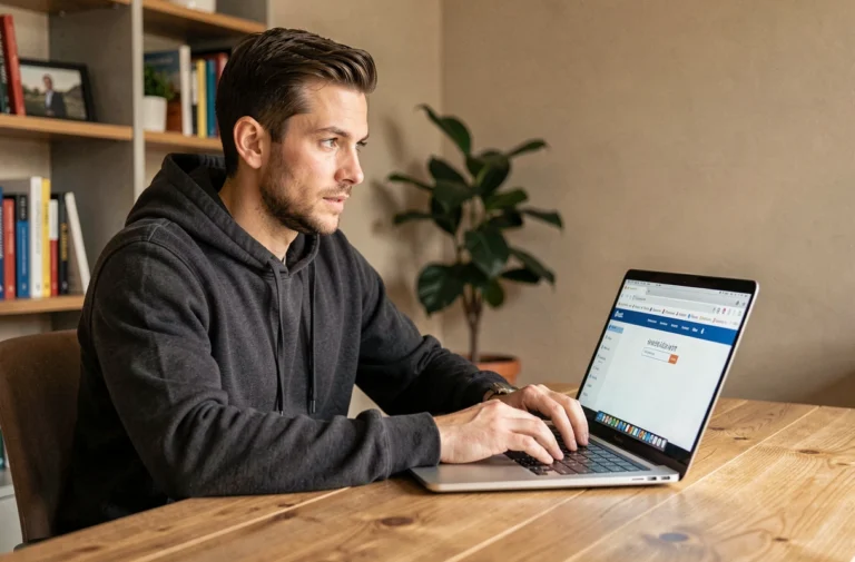 Homme en sweat sombre cherchant l'adresse officielle d'un site de téléchargement sur son ordinateur portable