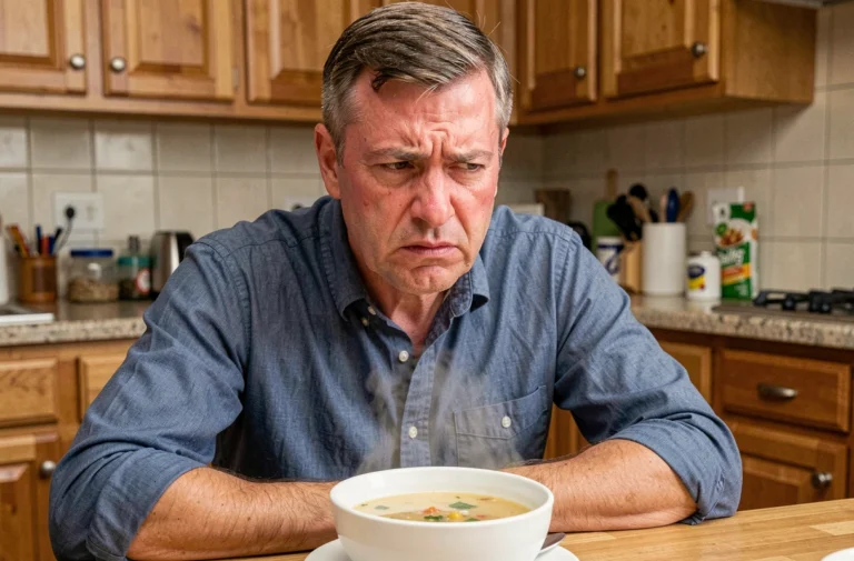 Homme d'âge moyen à la table de cuisine exprimant une irritation soudaine, illustrant l'expression soupe au lait en psychologie