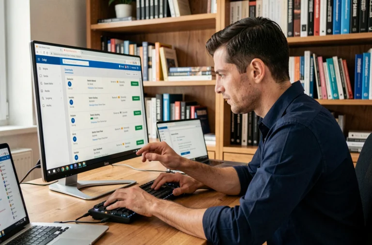 Homme analysant des fichiers logiciels sur un écran d'ordinateur dans un bureau à domicile moderne