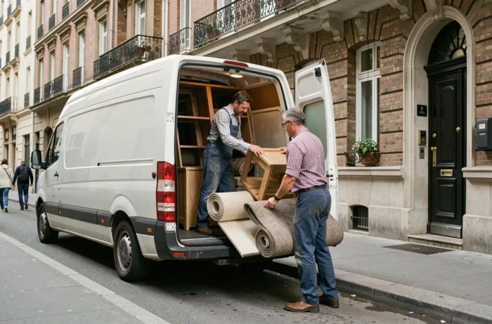 Deux hommes chargeant des meubles dans un camion de déménagement devant un immeuble parisien