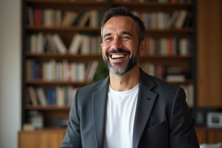 Humoriste franco-marocain souriant dans un appartement parisien chaleureux, portrait décontracté en intérieur